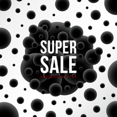 Poster - Super sale banner with abstract molecular orbs backdrop vector design.