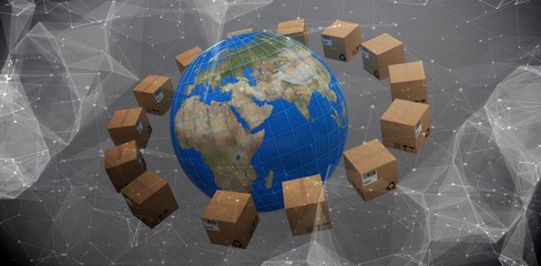 Poster - Composite image of globe amidst brown cardboard boxes