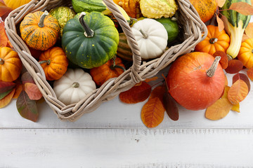 Wall Mural - Wicker basket with colorful pumpkins and gourds for Halloween and Thanksgiving, holiday decoration