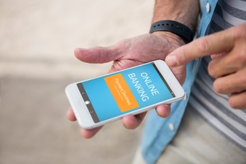 Poster - Composite image of online banking text on mobile screen