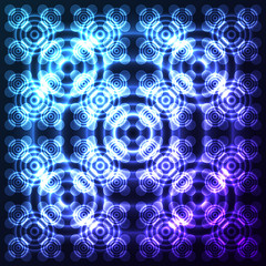 Wall Mural - Bright, shining and glaring abstract pattern with circles. Beautiful decorative rounds on dark cosmic background. Vector EPS10 file.