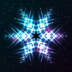 Wall Mural - Bright, shining and glaring abstract snowflake. Beautiful decorative cosmic star on dark background. Vector EPS10 file.