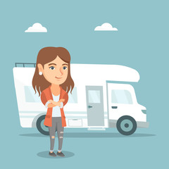 Poster - Full length of young caucasian woman standing with arms crossed on the background of motorhome. Smiling woman enjoying her vacation in a motorhome. Vector cartoon illustration. Square layout.