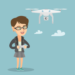 Wall Mural - Young caucasian woman flying drone with a remote control. Woman operating a drone with a remote control. Woman controling a drone. Vector cartoon illustration. Square layout.