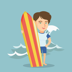 Poster - Caucasian woman standing with a surf board on the beach. Full length of young surfer holding a surf board on the background of sea wave. Vector cartoon illustration. Square layout.