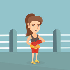 Canvas Print - Young caucasian confident sportswoman wearing a champion belt and boxing gloves. Full length of professional female boxer standing in the boxing ring. Vector cartoon illustration. Square layout.