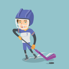 Canvas Print - Young caucasian ice hockey player skating on the ice rink with a stick. Full length of smiling sportswoman in uniform playing ice hockey. Vector cartoon illustration. Square layout.