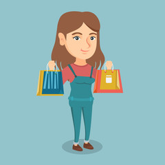 Poster - Young smiling caucasian woman holding shopping bags. Full length of woman standing with a lot of shopping bags with purchases. Woman showing shopping bags. Vector cartoon illustration. Square layout.