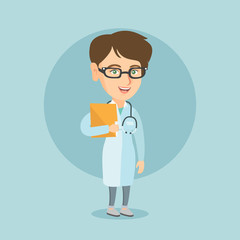 Sticker - Friendly caucasian doctor with a stethoscope and a file. Young smiling doctor in a medical gown carrying a folder with patient or medical information. Vector cartoon illustration. Square layout.