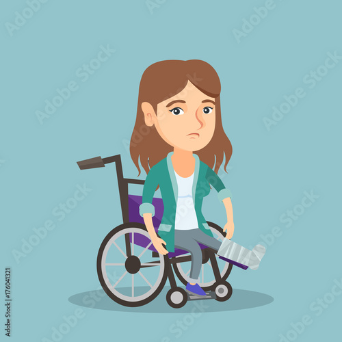 Young Sad Caucasian Woman Sitting In A Wheelchair With Broken Leg In Gypsum Injured Upset Woman With Fractured Leg In Gypsum Suffering From Pain Vector Cartoon Illustration Square Layout Buy This