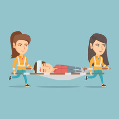 Sticker - Caucasian emergency doctors transporting victim after accident on the stretcher. Team of emergency doctors carrying an injured woman on medical stretcher. Vector cartoon illustration. Square layout.