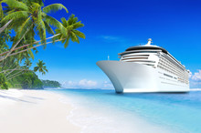 3D cruise ship at a tropical beach paradise in Samoa