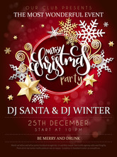Vector Illustration Of Christmas Party Poster With Hand Lettering Label - Christmas - With Stars, Sparkles, Snowflakes And Swirls