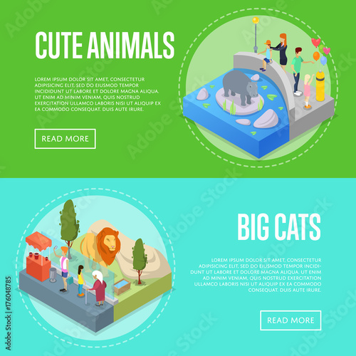 Fotografia, Obraz Public zoo with wild animals and visitors isometric 3D posters set