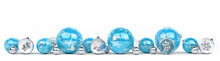 Blue And White Christmas Baubles Lined Up 3D Rendering