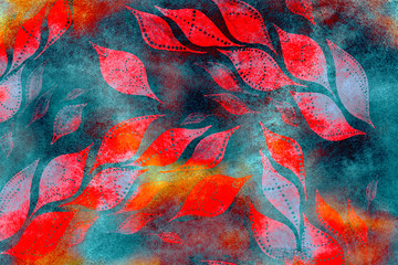 Acrylic Floral art grunge batik background. Stylization of pastel colors, watercolor. Vintage textured pattern with red, orange gouache painted autumn leaves. Pattern for scrapbook, cushion, plaid.