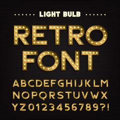 Fototapete - Retro sign alphabet. Vintage light bulb type letters and numbers. Signboard font. Stock vector typeface for your headers and any typography design.