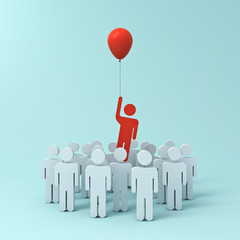 Leinwandbilder - Stand out from the crowd and different creative idea concept , One man flying away from other people with red balloon on light green pastel color background with shadows . 3D rendering.
