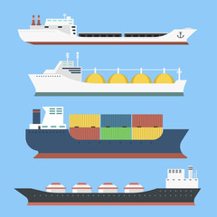 Cargo vessels and tankers shipping delivery bulk carrier train freight boat tankers isolated on background vector illustration