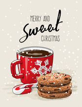 Christmas Theme, Red Cup Of Coffee With Red Ribbon And Stack Of Cookies An Candy Cane, Illustration
