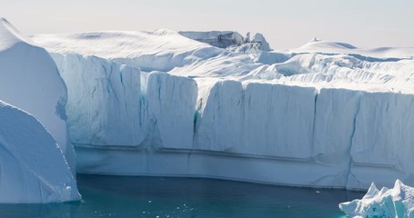 Wall Mural - Iceberg aerial footage - giant icebergs in Disko Bay on greenland floating in Ilulissat icefjord from melting glacier Sermeq Kujalleq Glacier, aka Jakobhavns Glacier. Global warming and climate change