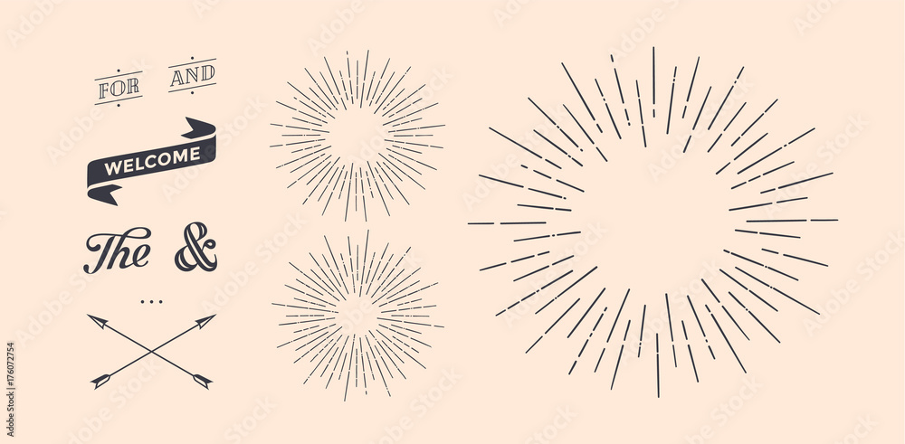 Set of light rays, sunburst and rays of sun. Design elements, linear drawing, vintage hipster style. Light rays sunburst, arrow, ribbon, and, for, the and ampersand. Vector Illustration - obrazy, fototapety, plakaty 