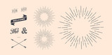 Fototapeta  - Set of light rays, sunburst and rays of sun. Design elements, linear drawing, vintage hipster style. Light rays sunburst, arrow, ribbon, and, for, the and ampersand. Vector Illustration