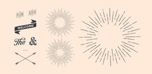 Set Of Light Rays, Sunburst And Rays Of Sun. Design Elements, Linear Drawing, Vintage Hipster Style. Light Rays Sunburst, Arrow, Ribbon, And, For, The And Ampersand. Vector Illustration