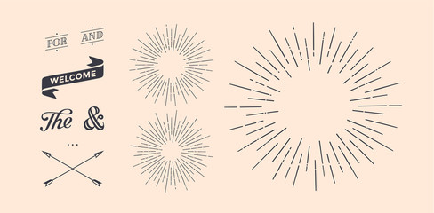 set of light rays, sunburst and rays of sun. design elements, linear drawing, vintage hipster style.