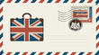 Vector envelope with image of suitcase in colors of British flag, a postage stamp with doubledecker London bus and rubber stamp in form of royal coat of arms of United Kingdom