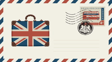 vector envelope with image of suitcase in colors of british flag, a postage stamp with doubledecker 