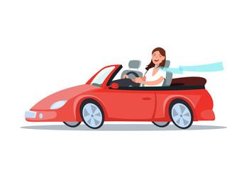 Vector flat illustration of a happy young woman driver sitting rides in his red car. Design concep travel