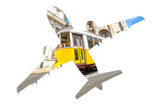 Tourism In European Capitals. Silhouette Of Airplane With Image Of Yellow Vintage Tram In Front Of Lisbon Cathedral, Lisbon, Portugal. Holidays And Travel Concept. White Background With Copy Space.