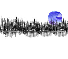 Seamless Pattern. Watercolor Landscape, Black Silhouette Of Trees.spruce, Pine, Cedar. Forest Landscape, Reflection Of Trees In A River, Lake. Blue Moon, Night. Vintage Drawing, Border.