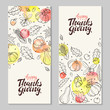 Happy thanksgiving day. Hand drawn lettering with watercolor dots and autumn objects. Thanksgiving flyers with autumn leaves and pumpkins composition.
