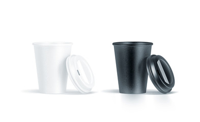 Fototapete - Blank black and white disposable paper cup with opened plastic lid mock up isolated, 3d rendering. Empty coffee drinking mug mockup front view. Clear tea take away package, cofe branding template.