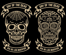 Day Of The Dead. Dia De Los Muertos. Set Of The Sugar Skulls. Design Elements For Poster, Greeting Card, Banner. Vector Illustration