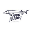 stylized sturgeon fish, good fishing lettering inscription icon pictogram. Brand, logo design. Vector flat silhouette illustration isolated on a white background.