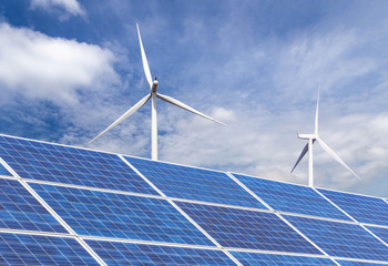 Poster - solar panels and wind turbines generating electricity in power station alternative renewable energy from natural with blue sky background