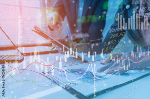Fotomural Business strategy invesment consept : Two businessman confident executive colleagues meeting and discussing at office with profit graph background