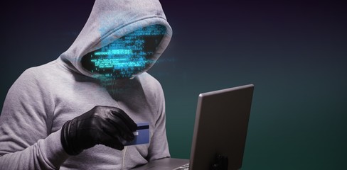 Poster - composite image of hacker using credit card for cyber crime