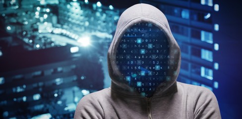 Poster - Composite image of hacker standing with arms crossed 
