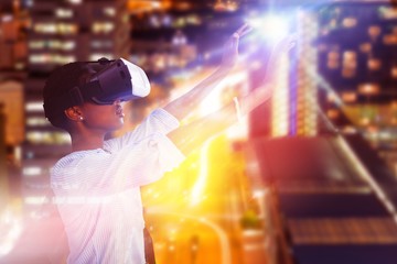 Poster - Composite image of young woman gesturing while using virtual