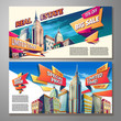 © vectorpocket - Set of vector cartoon illustrations, banners, urban backgrounds with modern big city buildings, skyscrapers, business centers and space for your text. Advertising banner for real estate agency