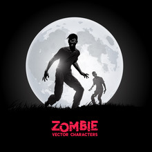 A Couple Of Decaying Flesh Eating Zombies Silhouetted Against The Rising Moon. Vector Illustration