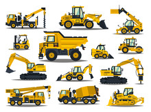 Big Set Of Construction Equipment. Special Machines For The Construction Work. Forklifts, Cranes, Excavators, Tractors, Bulldozers, Trucks. Special Equipment. Road Repair. Commercial Vehicles.