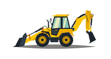 Yellow Backhoe Loader On A White Background. Construction Machinery. Special Equipment. Vector Illustration.