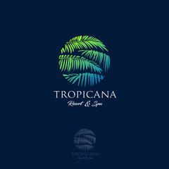 Wall Mural - Tropicana logo. Resort and Spa emblem. Tropical cosmetics. Beauty. Palm leaves in a circle.