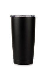 Black thermos bottle, Tumbler glass on white background