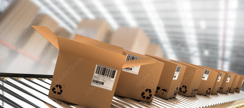 Composite image of row of brown boxes on conveyor belt - obrazy, fototapety, plakaty 